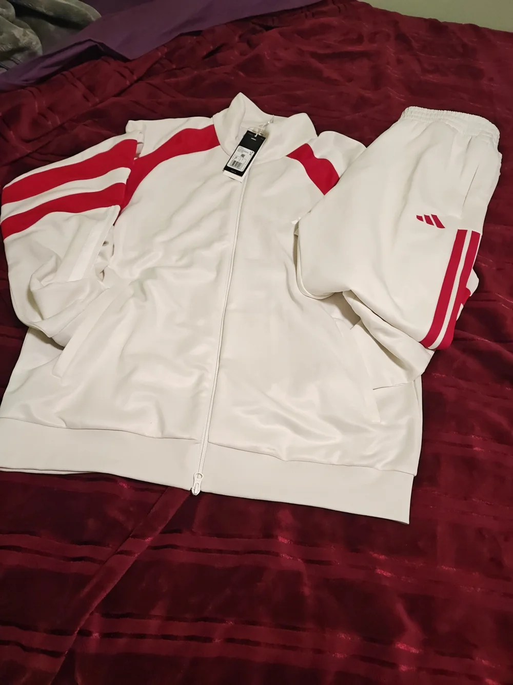adidas White Track Jacket & Pants Set with Red Stripes